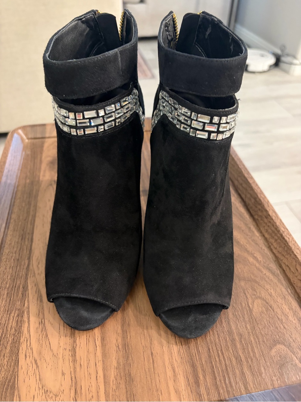 Nine West Black Suede Rhinestone Peep-Toe Booties - Size 7M (Gold Back Zip)